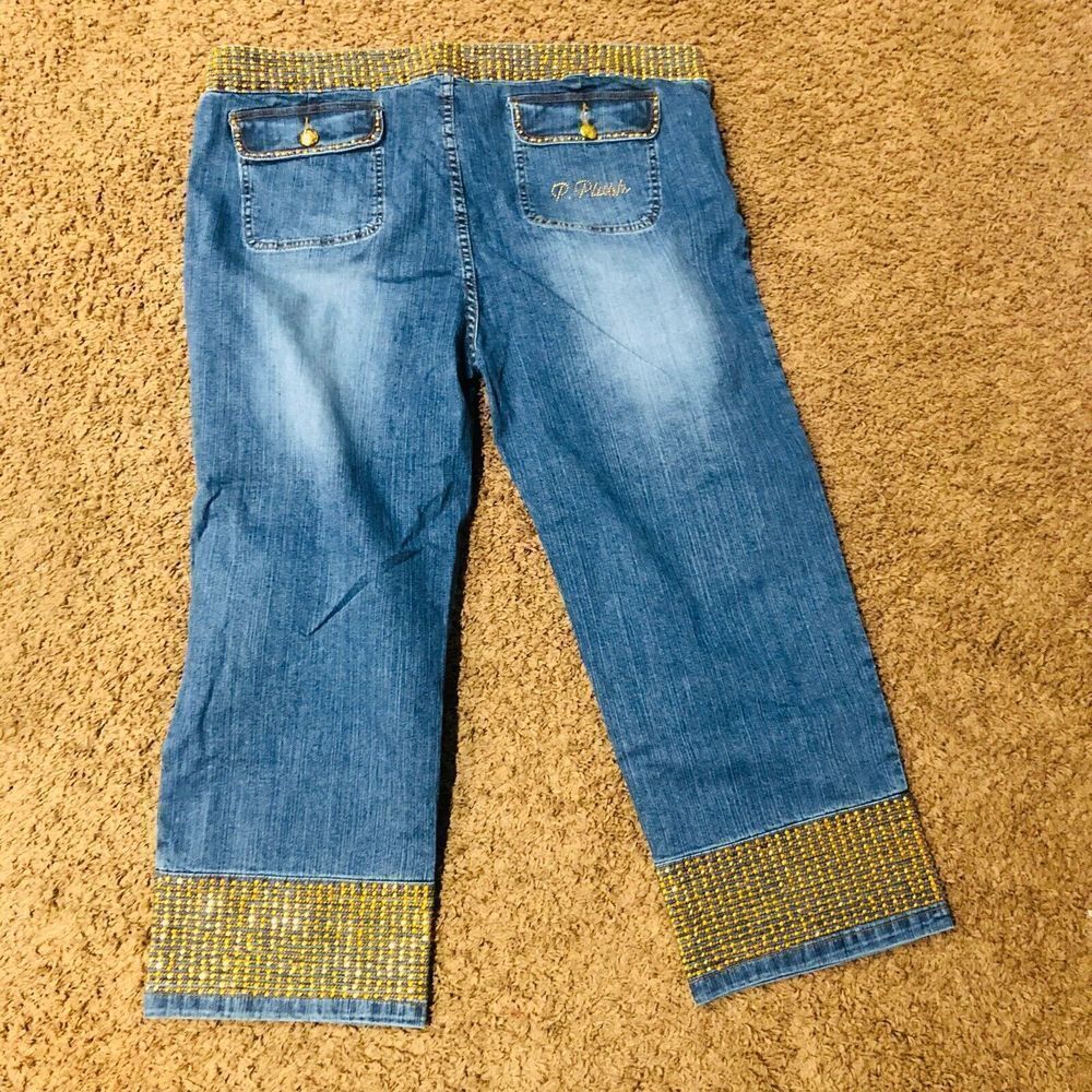 P. Plush Blue Denim Capri‎ Jeans Gold Rhinestone Embellished Cropped Pants US 23 - Picture 5 of 6